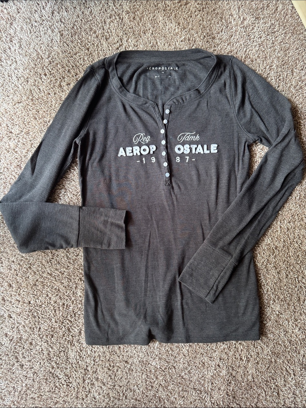 Aeropostale Women's Long Sleeve Henley Top - Charcoal